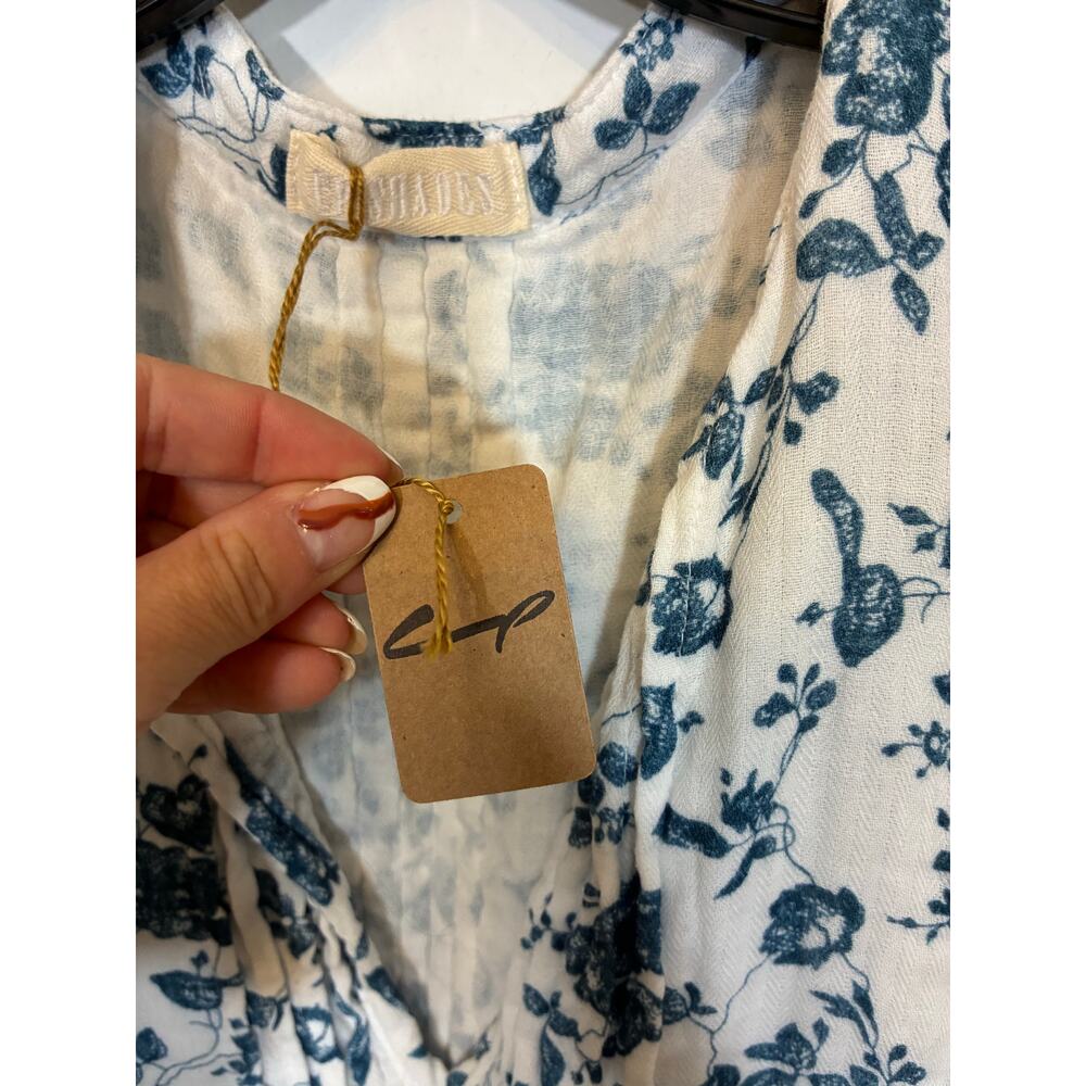 NWT CP Shades Blue Ditsy Floral Notched Neck Mini Dress Cotton Beach Malibu M - Picture 2 of 5
